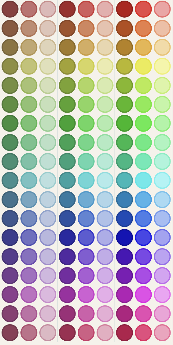 A grid of slime colour swatches generated from the HSL anchor-spoke system, showing an overwhelming number of near-identical greens