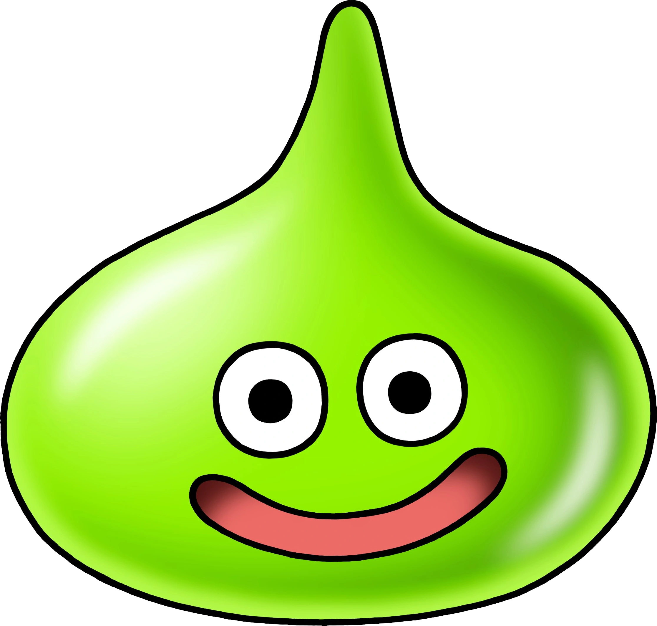A lime-green slime from Dragon Quest, a classic round blob with beady eyes and a wide smile